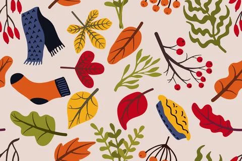 Seamless autumn pattern with leaves, berries, warm sock and scarf, pie slice 스톡 일러스트