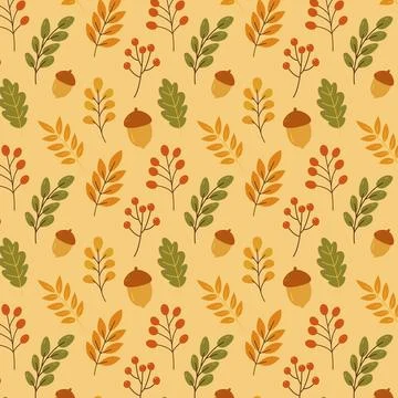 Seamless autumn pattern with leaves berries and acorns in warm orange green.. Stock Illustration