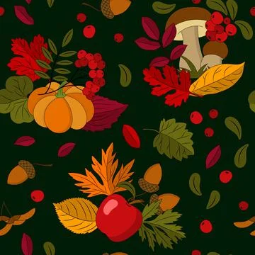 Seamless autumn pattern with natural elements on dark background 스톡 일러스트