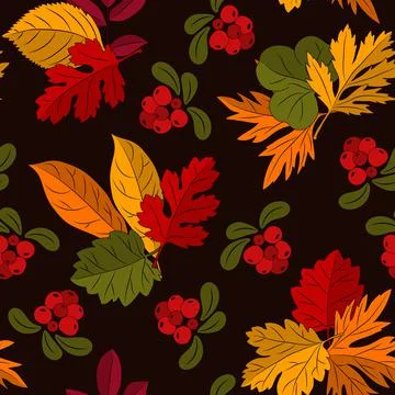 Seamless autumn pattern with natural elements on dark background. Stock Illustration