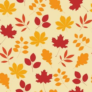 Seamless autumn pattern with oak, maple, chestnut leaves. beige, orange and r Stock Illustration
