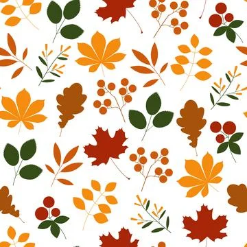 Seamless autumn pattern with oak, maple, chestnut leaves and berries. yellow, Stock Illustration