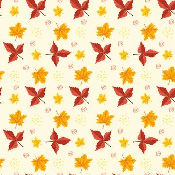 Seamless autumn pattern with orange maple leaves on yellow background Illustrazione stock