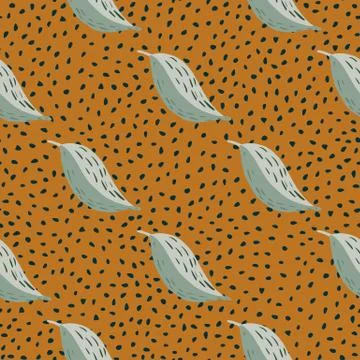 Seamless autumn pattern with pale grey leaves silhouettes. Orange dotted back Stock Illustration