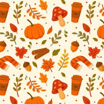 Seamless autumn pattern with pumpkin, leaves, acorns, coffee and fall eleme.. Stock Illustration