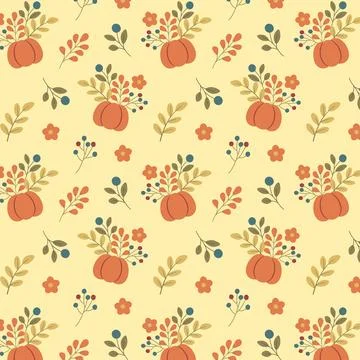 Seamless autumn pattern with pumpkins flowers berries and branches on yello.. Stock Illustration