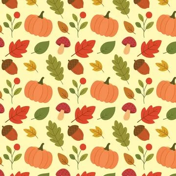 Seamless autumn pattern with pumpkins, leaves, acorns, and mushrooms in fla.. Stock Illustration