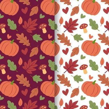 Seamless autumn pattern with pumpkins leaves hearts and mushrooms in warm c.. Stock Illustration