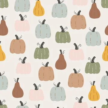 Seamless autumn pattern with pumpkins on white background. Endless repeatable 스톡 일러스트