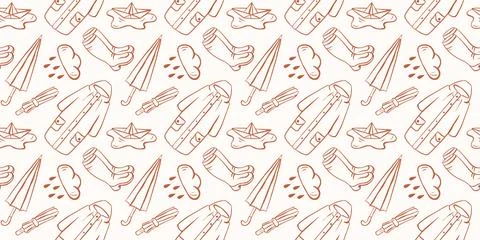Seamless autumn pattern with rain cloud umbrella raincoat boot paper boat doodle Stock Illustration
