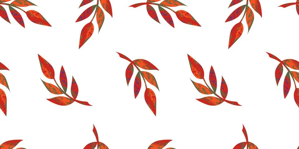 Seamless autumn pattern with red branches and leaves in grunge style on white Stock Illustration