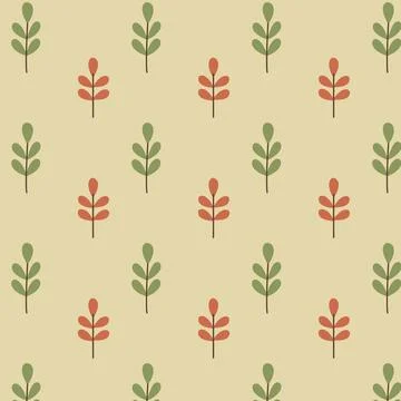 Seamless autumn pattern with simple green and red branches on beige backgro.. 스톡 일러스트