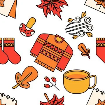 Seamless Autumn pattern with stylized autumn foliage. falling leaves, dog r.. Stock Illustration