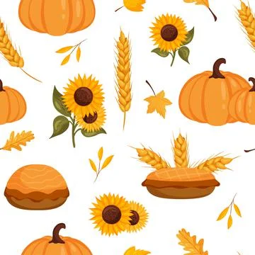 Seamless autumn pattern with sunflowers, wheat ears, pumpkin, pie yellow leav イラスト素材