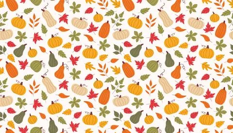 Seamless autumn pattern with vibrant pumpkins and falling leaves. Warm and .. Stock Illustration