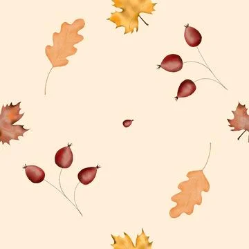 Seamless autumn pattern with yellow leaves and rose hips. minimalistic pattern Stock Illustration