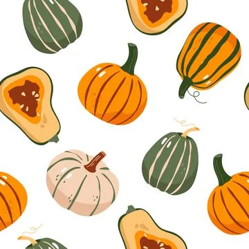 Seamless autumn pumpkin pattern with various squashes for textile and wrap pa Stock Illustration