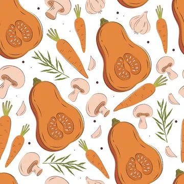 Seamless autumn vegetable pattern with pumpkins and carrots in hand drawn l.. Illustrazione stock