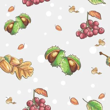 Seamless autumnal pattern with the image of chestnuts and acorns rowan berrie Stock Illustration