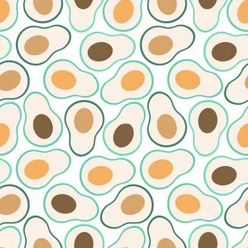 Seamless avocado pattern. Many cut avocados with brown stone. Vector illust.. Stock Illustration