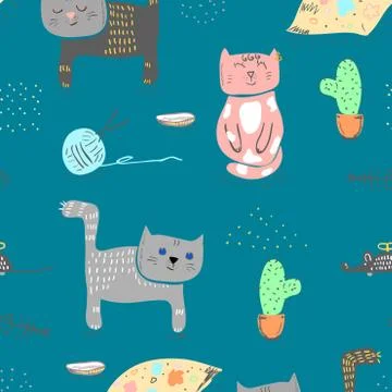 Seamless baby pattern background with cute cats. Stock Illustration