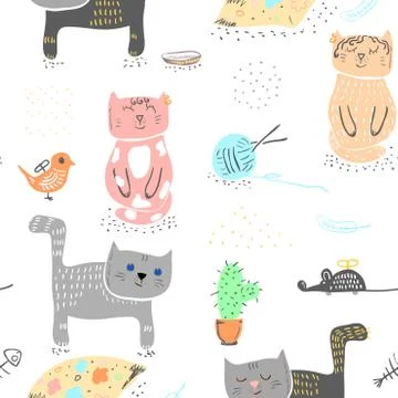 Seamless baby pattern background with cute cats. Stock Illustration