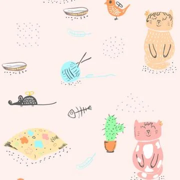 Seamless baby pattern background with cute cats. Stock Illustration