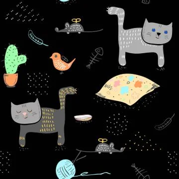 Seamless baby pattern background with cute cats. Stock Illustration