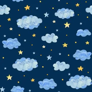Seamless baby pattern with blue clouds and yellow stars, on dark background 스톡 일러스트