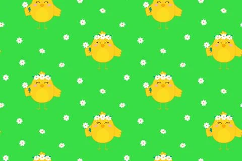Seamless baby pattern with cute chicks and daisies. Funny yellow chicks. Ve.. Stock Illustration