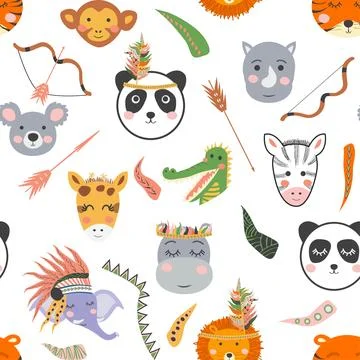 Seamless baby pattern with cute tribal animal faces. Illustration in Scandina イラスト素材
