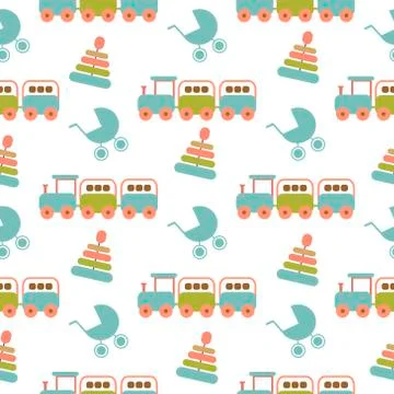Seamless baby pattern. Many small locomotives on white background Stock Illustration