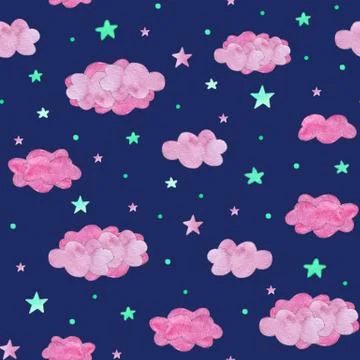 Seamless baby pattern of pink clouds and turquoise stars, on dark background イラスト素材
