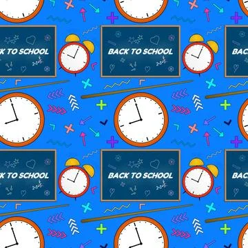 Seamless back to school pattern with clocks, alarm clocks, chalkboards and .. Stock Illustration