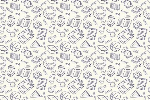 Seamless back to school pattern with doodle style book, globe, pencil, backpack Stock Illustration