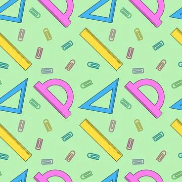 Seamless back to school pattern with ruler, protractor, triangle and paper cl Stock Illustration