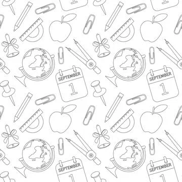 Seamless back to school pattern, school supplies, office items. Background .. Stock Illustration