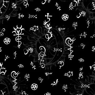 Seamless background with alchemy and magic signs on black. Illustrazione stock
