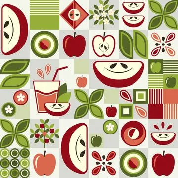 Seamless background with apples and abstract geometric shapes. Stock Illustration