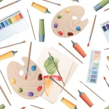 Seamless background with artist's tools. Texture with palette, paints, brus.. Illustrazione stock