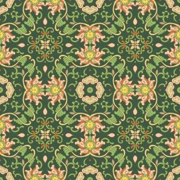 Seamless background Asian botanic garden spiral curve vine leaf flower chintz Stock Illustration