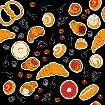 Seamless background with bakery labels and berry and coffee outl Stock Illustration