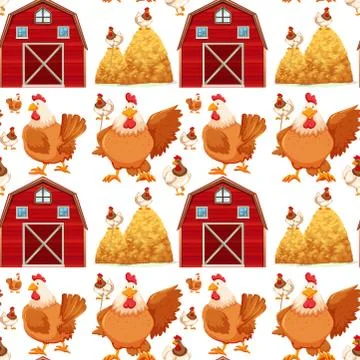 Seamless background with barn and chickens イラスト素材