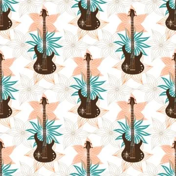 Seamless background with bass guitar and flowers.. Music wallpaper. Stock Illustration