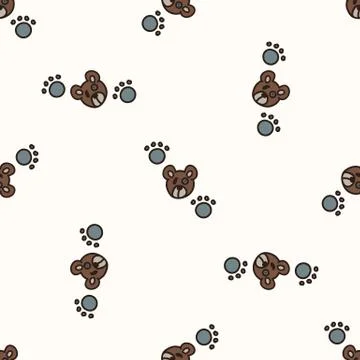 Seamless background bear faces and paw gender neutral baby pattern. Simple Stock Illustration