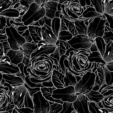 Seamless background with black and white lily and roses. Stock Illustration