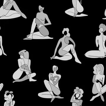 Seamless background with black and white illustration of silhouette women body Stock Illustration