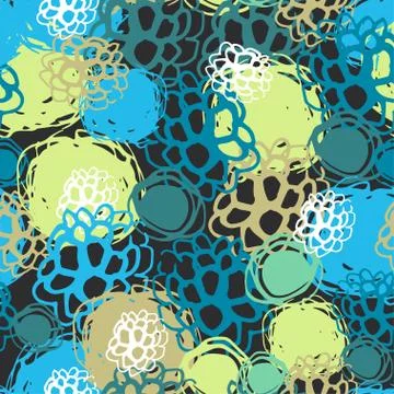 Seamless background black blue brown green flowers, circles, spots Stock Illustration