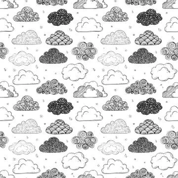 Seamless background with black doodle clouds on white. Can be used for wallpa Stock Illustration