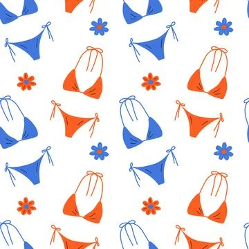 Seamless background with blue and orange bikinis and flowers in hand drawn st Stock Illustration